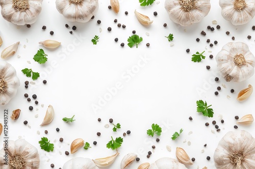 Isolated garlic, peppercorn...