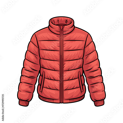 Red puffer jacket isolated on white background for winter season wear