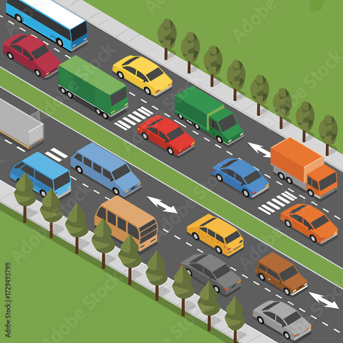 Isometric city traffic with cars, buses, and trucks on the road with trees