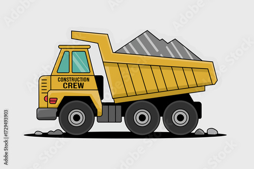 Yellow construction truck with a full load of gravel on a white background