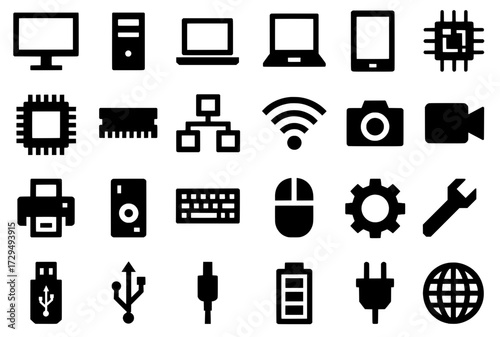 Icon pack, Icon sheet, Technology theme, silhouette version with straight line style