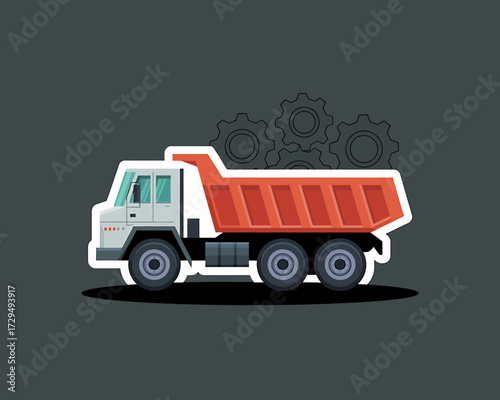 Red and white dump truck carrying gears on a dark gray background