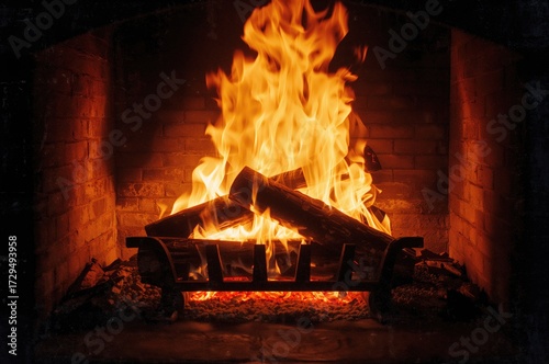 Glowing logs ablaze in a st...