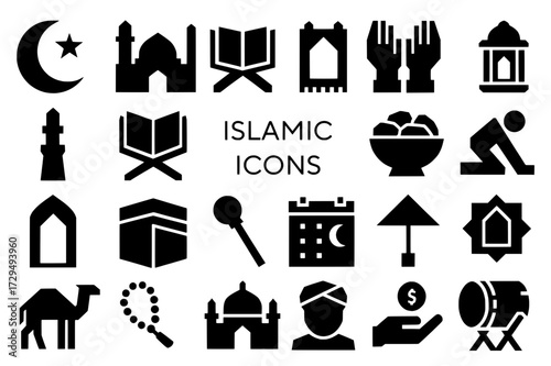 Icon pack, Icon sheet, Islamic theme, silhouette version with straight line style