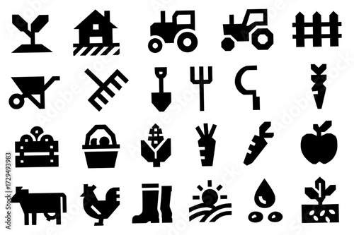 Icon pack, Icon sheet, Agriculture theme, silhouette version with straight line style