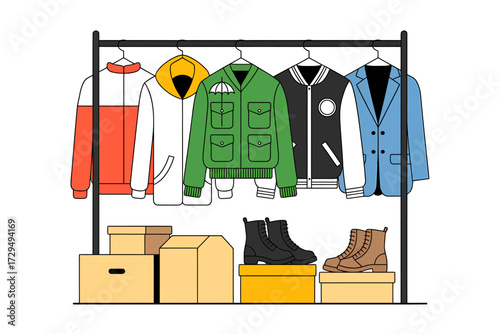 Clothes on hanger with shoes in boxes isolated on white background