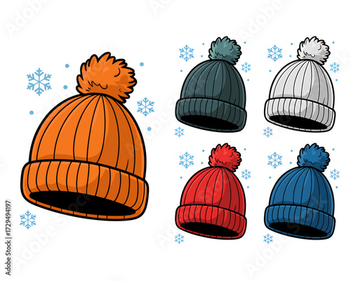 Collection of colorful winter hats with pompom isolated on white background