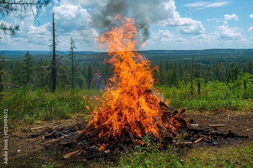 Flames engulf a lush pine w...