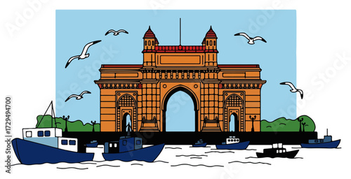 Gateway of India Mumbai Landmark Vector Illustration