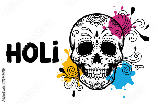 Holi Festival Concept with a Sugar Skull and Paint Splashes