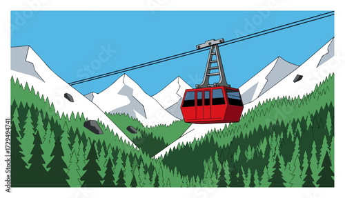 Red Gondola Lift in an Alpine Mountain Landscape