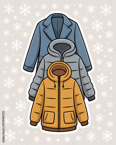Illustration of winter jackets in different styles isolated on white background