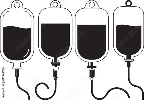 Four intravenous fluid bags with dark liquid in silhouette isolated on white background