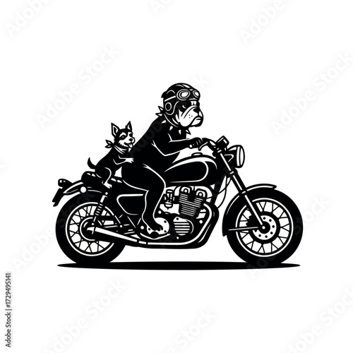 A rugged bulldog biker sporting a helmet and goggles cruises down the road with his trusty chihuahua companion riding shotgun on a black and white motorcycle adventure