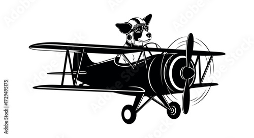 Whimsical black silhouette of a playful dog with floppy ears piloting a vintage biplane aircraft with spinning propeller isolated on transparent background