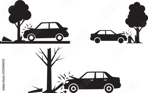 Car accident silhouettes showing vehicle impact with trees isolated on white background