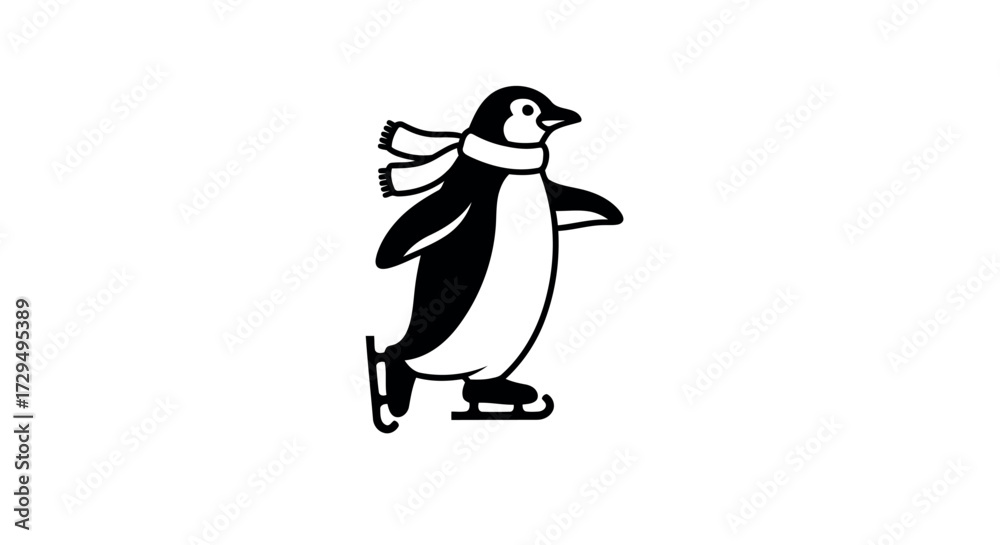 Fototapeta premium Charming Penguin on Ice Skates with a Cozy Scarf Winter Fun and Festive Cheer in a Minimalist Black and White Design