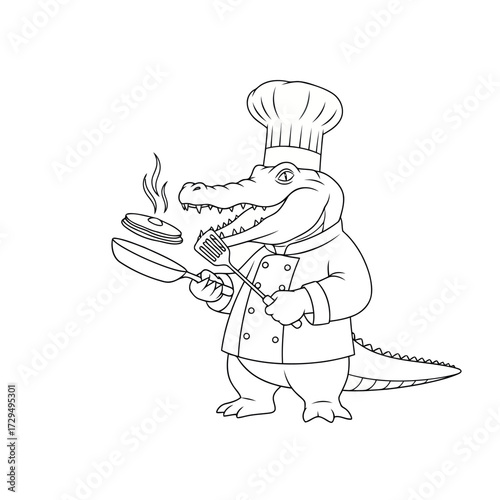 Cartoon Alligator Chef Cooking Pancakes in a Frying Pan Outline Illustration for Coloring Books and Educational Materials Promoting Culinary Arts and Childrens Activities