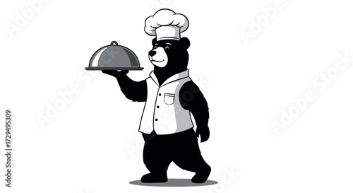 Cartoon Bear Chef Holding Covered Serving Dish Ready to Serve a Delicious Meal for Special Occasions and Culinary Delights with a Whimsical Charm and a Culinary Invitation