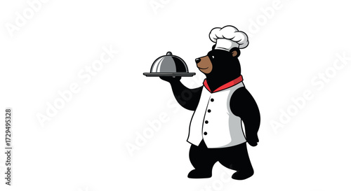 Cartoon black bear wearing a chef hat and uniform holding a silver serving cloche isolated on transparent background silhouette