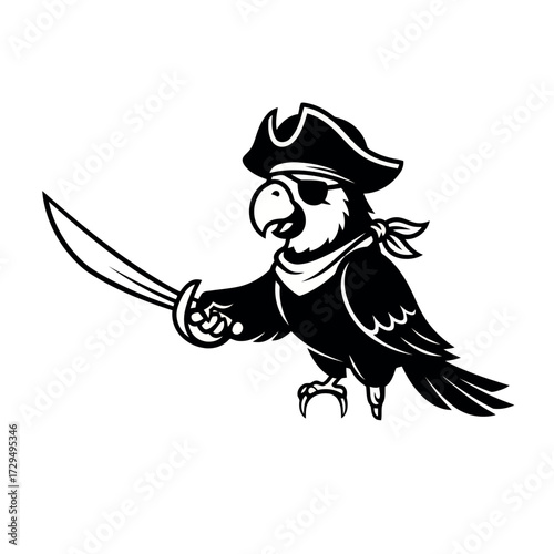 Cartoon Parrot Pirate Vector Illustration with Eye Patch and Cutlass Sword Ready for Adventure on the High Seas Design for T shirts and Merchandise