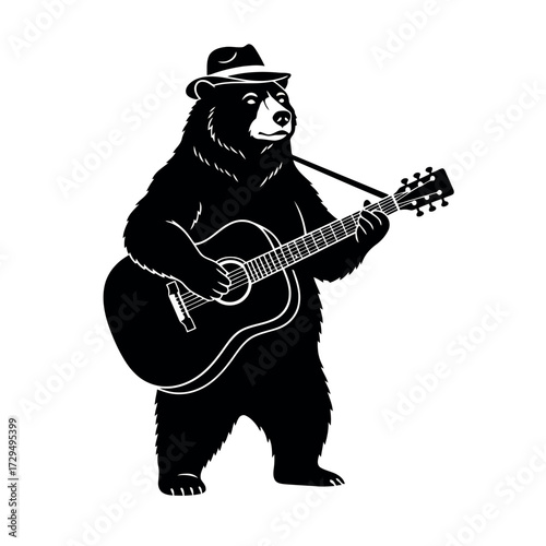Cool bear playing guitar with hat vector illustration perfect for music lovers or any design needing a touch of whimsy great for logos apparel and posters design mascot idea