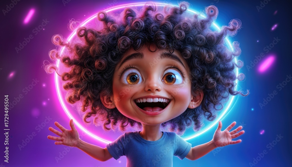 Fototapeta premium A cheerful child with curly hair beams with joy, surrounded by vibrant colors and glowing lights. The scene captures a festive atmosphere with excitement and energy.