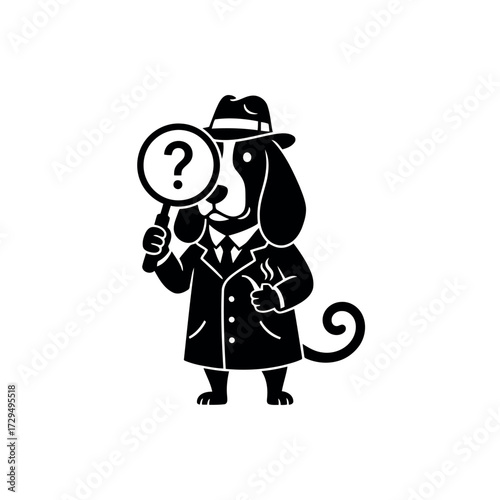 Whimsical black silhouette of a cartoon dog detective wearing a fedora and trench coat holding a magnifying glass with a question mark symbol isolated on transparent background