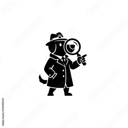 Detective Dog Mascot Character in Black Silhouette with Magnifying Glass Wearing Trench Coat and Fedora for Mystery or Investigation Projects on White Background