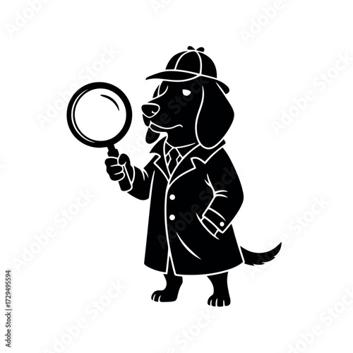 Dog Detective Silhouette Vector Graphic for Mystery and Investigation Themes with Magnifying Glass and Classic Detective Outfit for a Sherlock Holmes Inspired Look