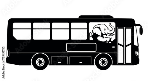Stylized black silhouette of a safari tour bus with an elephant graphic on its side isolated on transparent background silhouette