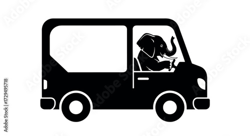 A humorous black silhouette of a large elephant driving a small van with its trunk on the steering wheel isolated on transparent background silhouette