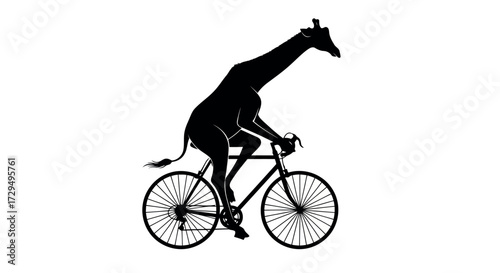 Whimsical silhouette of a giraffe riding a bicycle with its long neck bent over the handlebars in a humorous and surreal illustration isolated on transparent background