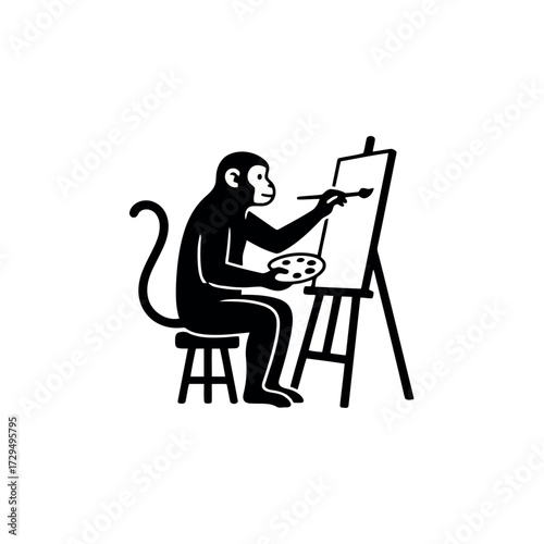 Monkey artist creating masterpiece with brush and palette on easel expressing creativity and inspiration in his artistic journey through painting and drawing showcasing talent and imagination
