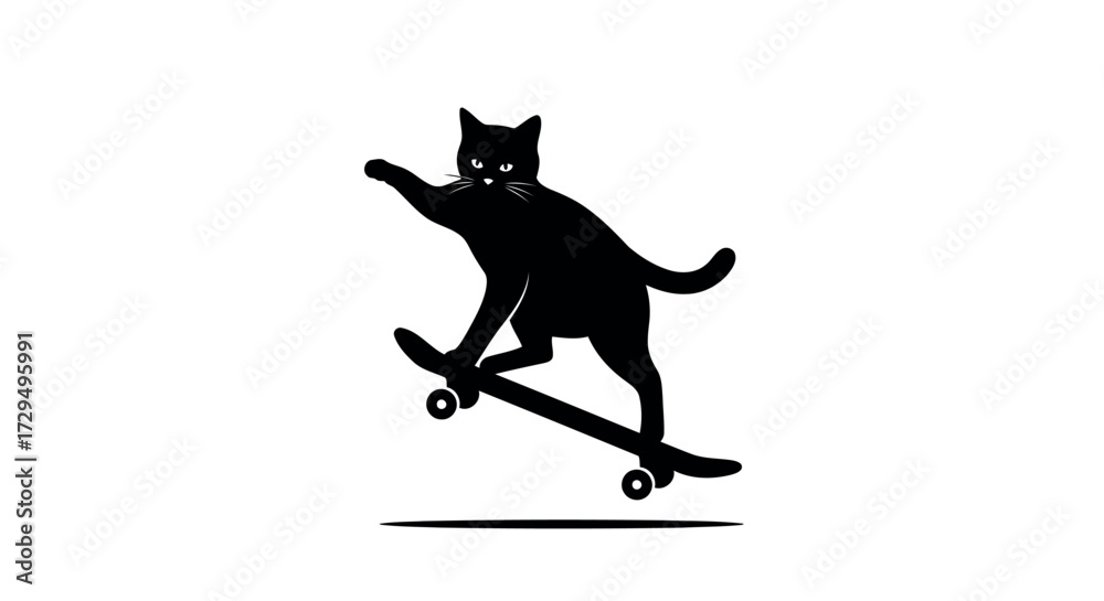 Naklejka premium Silhouette of Cool Cat Skateboarding with Confidence and Style Black Kitten Enjoying Extreme Sport on White Background Feline Having Fun Exploring Urban Culture and Expressing Individuality
