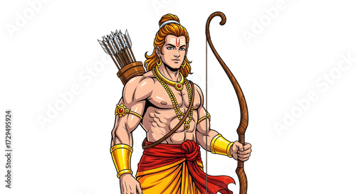 Illustration of Lord Rama with Bow and Arrow Depicting Hindu Mythology Character