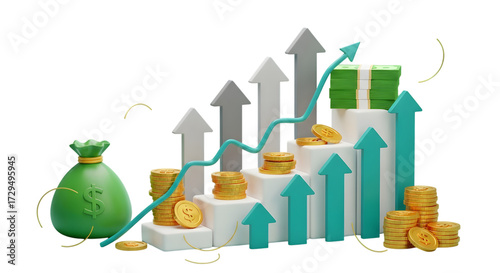 Financial Growth Concept with Upward Arrows Coins and Money Bag Illustration