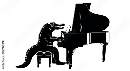 Silhouette of an alligator playing the grand piano in a monochrome artistic representation showcasing musical talent and animal creativity a unique fusion of wildlife and fine arts in a studio setting