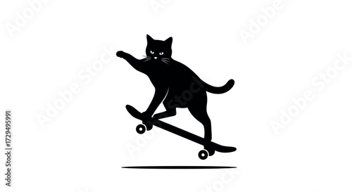 Silhouette of Cool Cat Skateboarding with Confidence and Style Black Kitten Enjoying Extreme Sport on White Background Feline Having Fun Exploring Urban Culture and Expressing Individuality