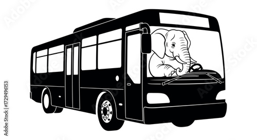 Whimsical bus adventure with an elephant driver vector illustration presenting a humorous and surreal scene transporting imagination and creativity in monochrome tones perfect for playful design
