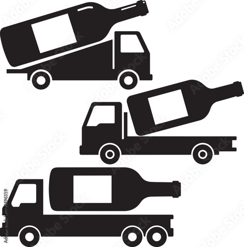 Three trucks carrying large wine bottles as cargo silhouette isolated on white background