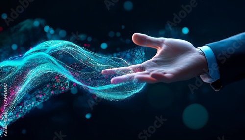 A scene depicting a businessman’s hand reaching out to a flowing wave of data, with symbols of technology and AI integrated into the stream, highlighting the importance of data