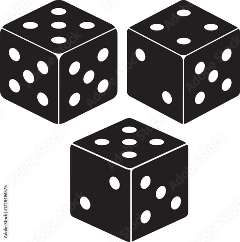 Three black dice in silhouette form isolated on white background