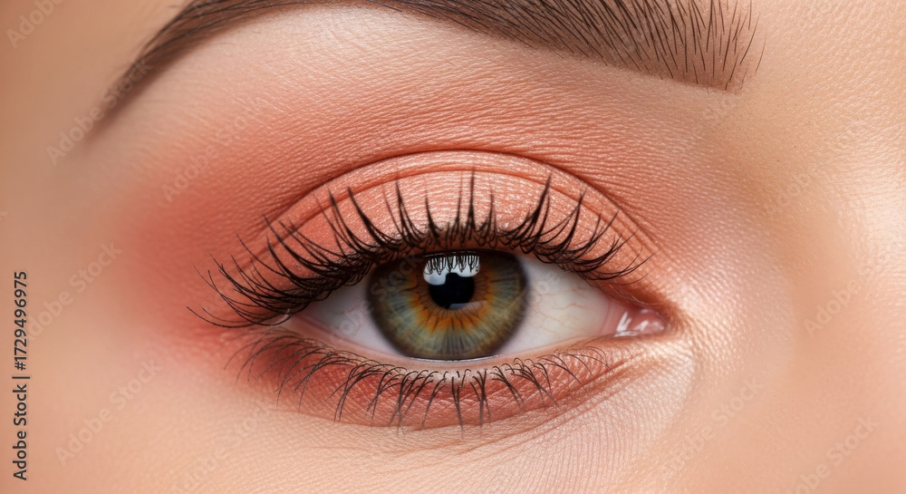 Obraz premium A high-detail, professional close-up photograph of a female eye with perfectly blended peach eyeshadow,