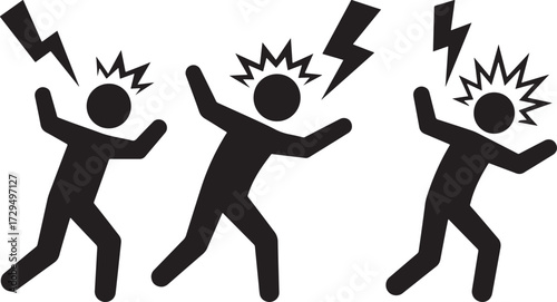 Three distressed human silhouettes with lightning bolts above heads isolated on white background silhouette