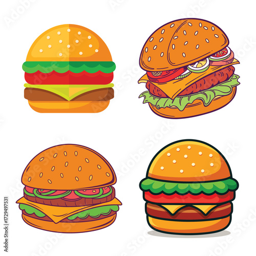 Delicious assortment of four mouthwatering burgers showing fresh ingredients ready to eat fast food delight
