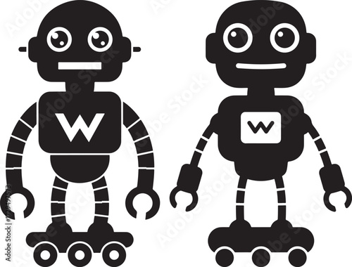 Two friendly robot silhouettes with the letter w on their chests isolated on white background