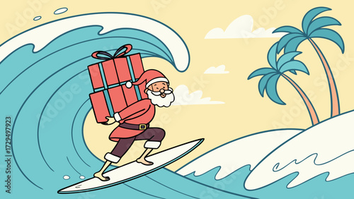 Funny Santa Claus surfing with gifts on the waves of a tropical ocean, holiday illustration