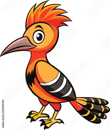 Adorable cartoon hoopoe bird with orange crest and striped tail
