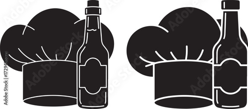 Two chef hats with bottles of sauce or oil silhouette isolated on white background